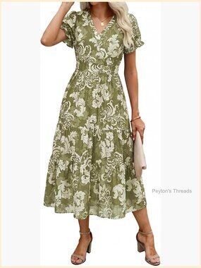 Midi Dress V Neck Puffy Short Sleeve Flowy Casual with Pockets
